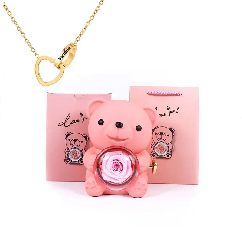 Personalized Heart Necklace & Rose Bear Gift Box Set