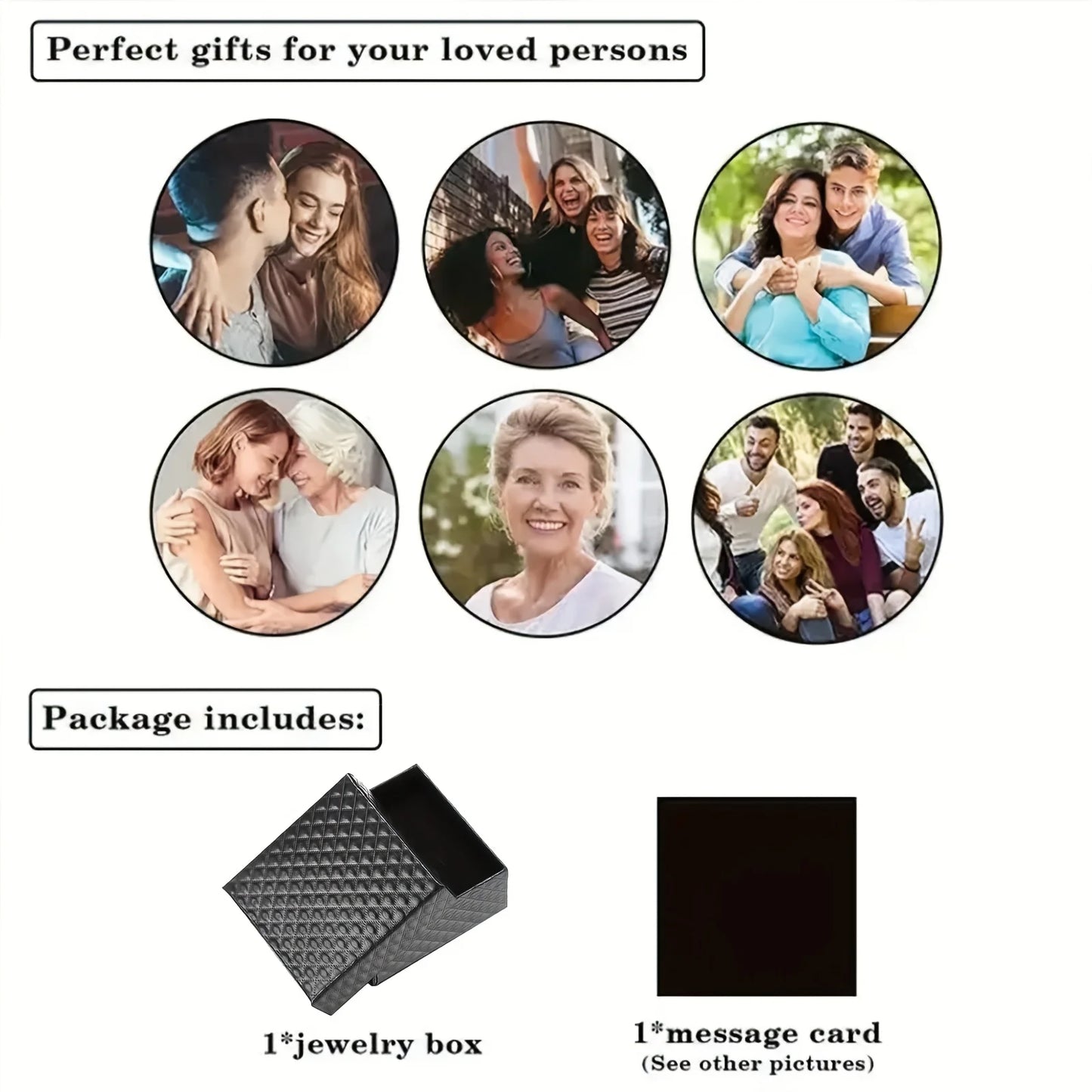 Promotional image for a jewelry box and message card set, featuring images of people and text about perfect gifts.