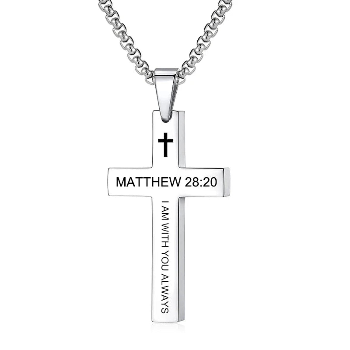 Silver cross necklace with engraved text on a white background