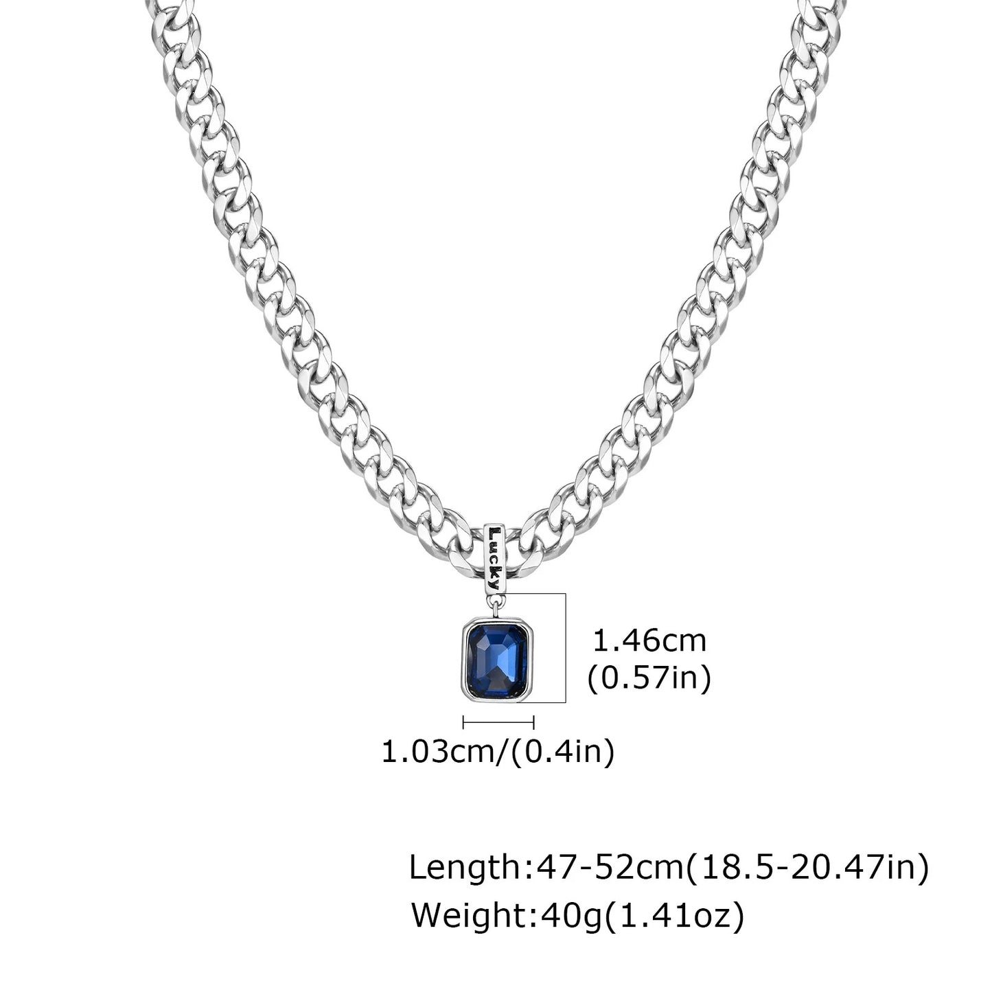 Silver chain necklace with a pendant on a white background, showing measurements.
