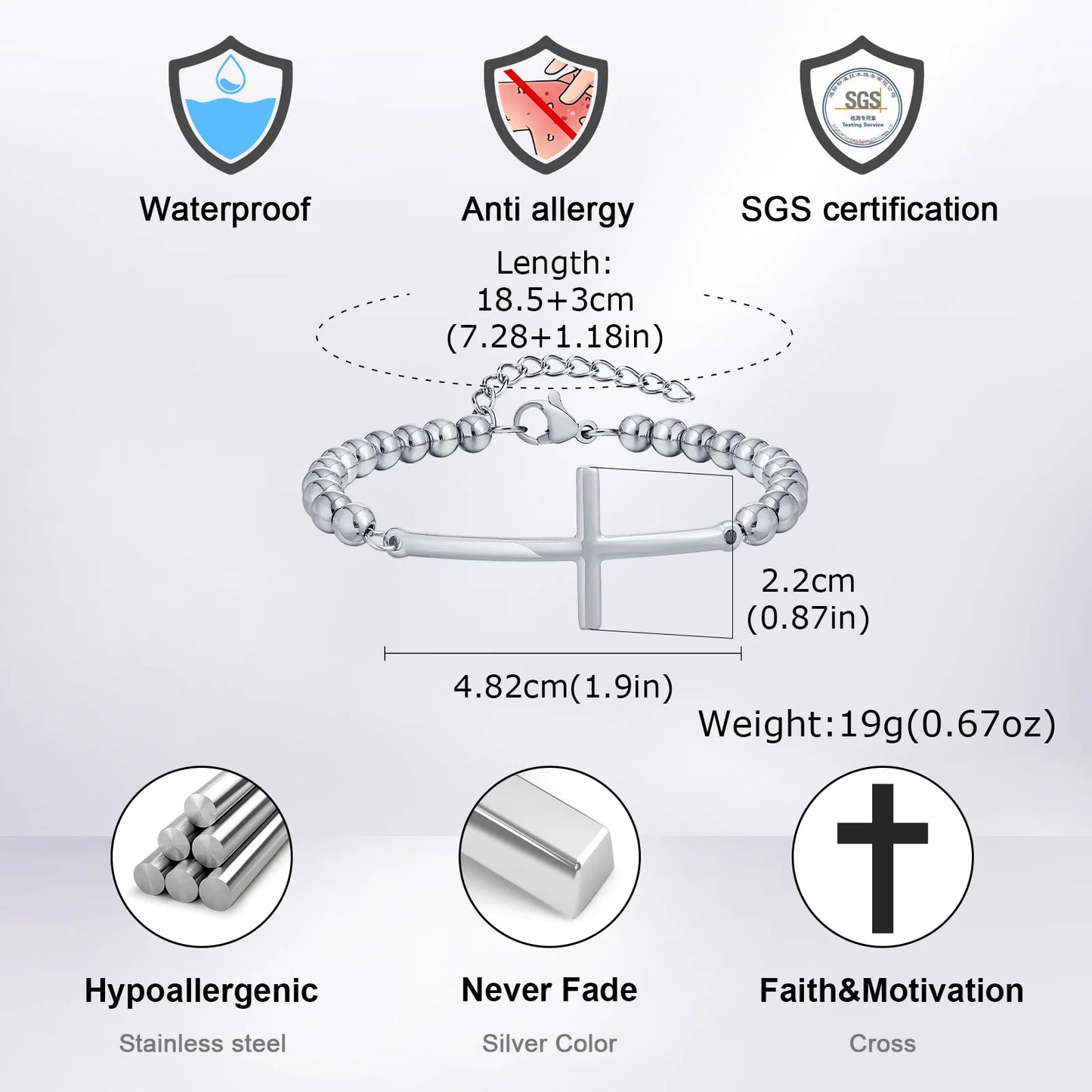 Bracelet with cross design, featuring certifications and specifications on a white background.