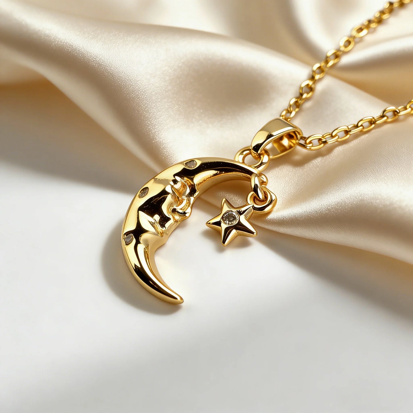 Gold necklace with moon and star pendant on a satin surface