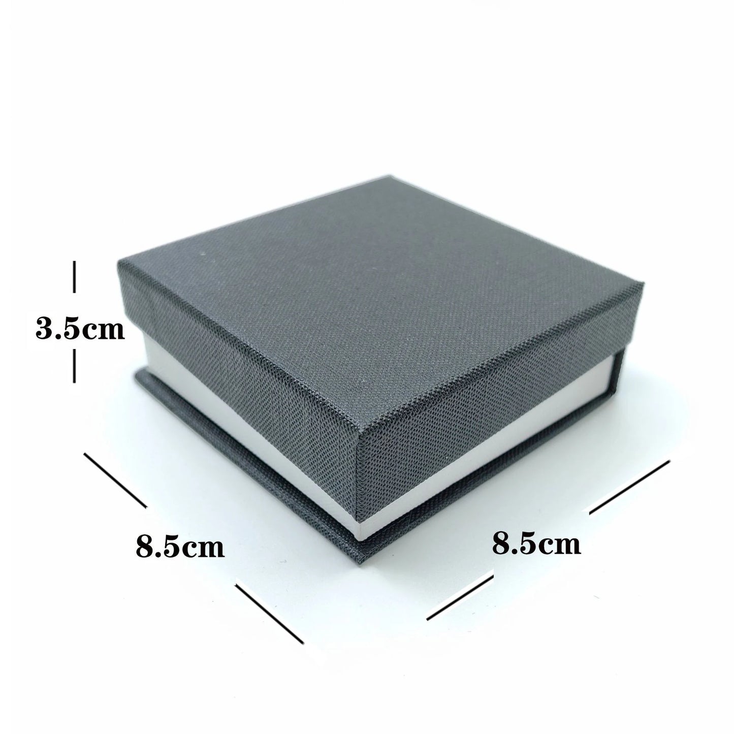 Gray textured box with dimensions labeled on a white background