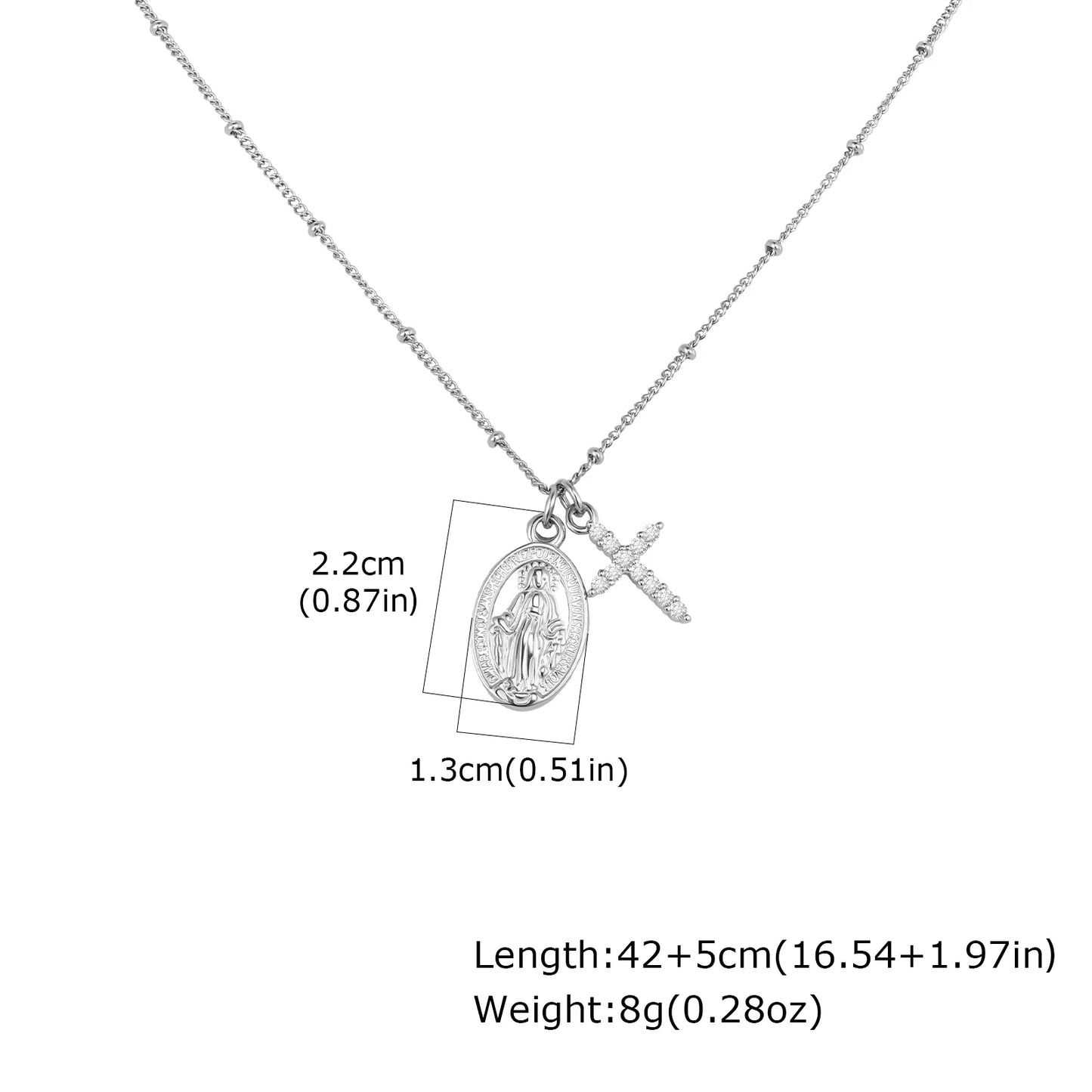 Silver necklace with pendant and cross, showing measurements on a white background