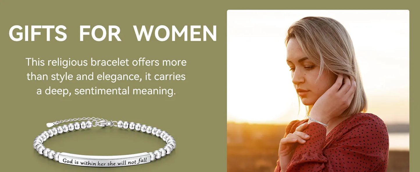 Bracelet with religious message on a green background with text about gifts for women.
