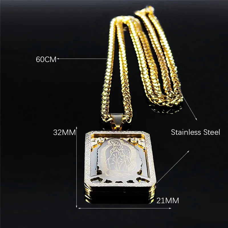 Gold necklace with a square pendant on a black background, showing measurements.