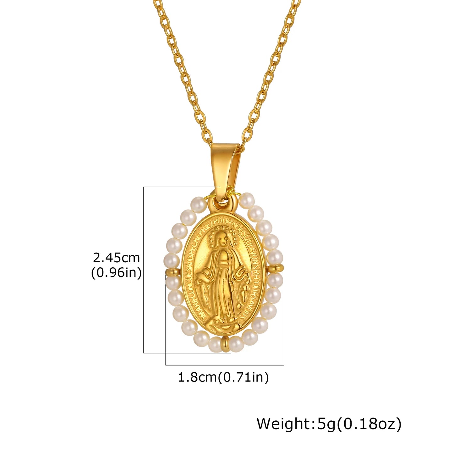 Gold necklace with a pendant featuring a religious design on a white background