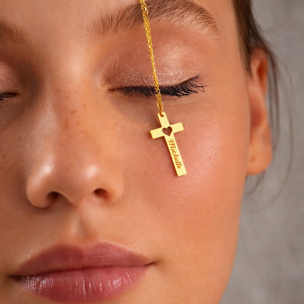 Close-up of a woman's face with a gold cross pendant on her forehead against a neutral background