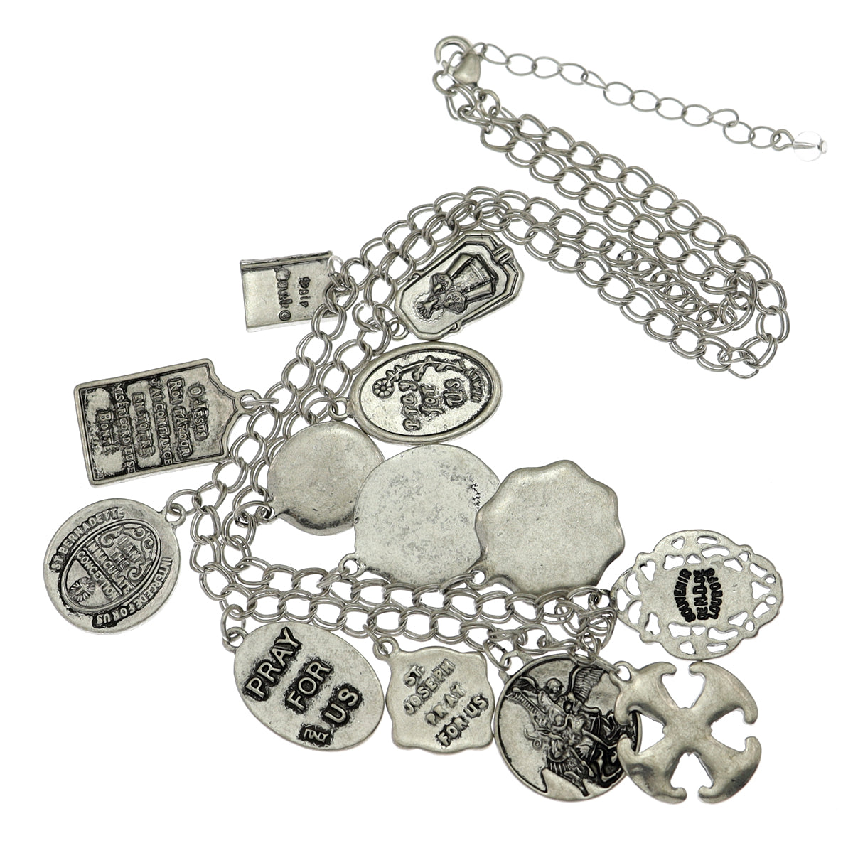 Silver charm bracelet with various charms on a white background