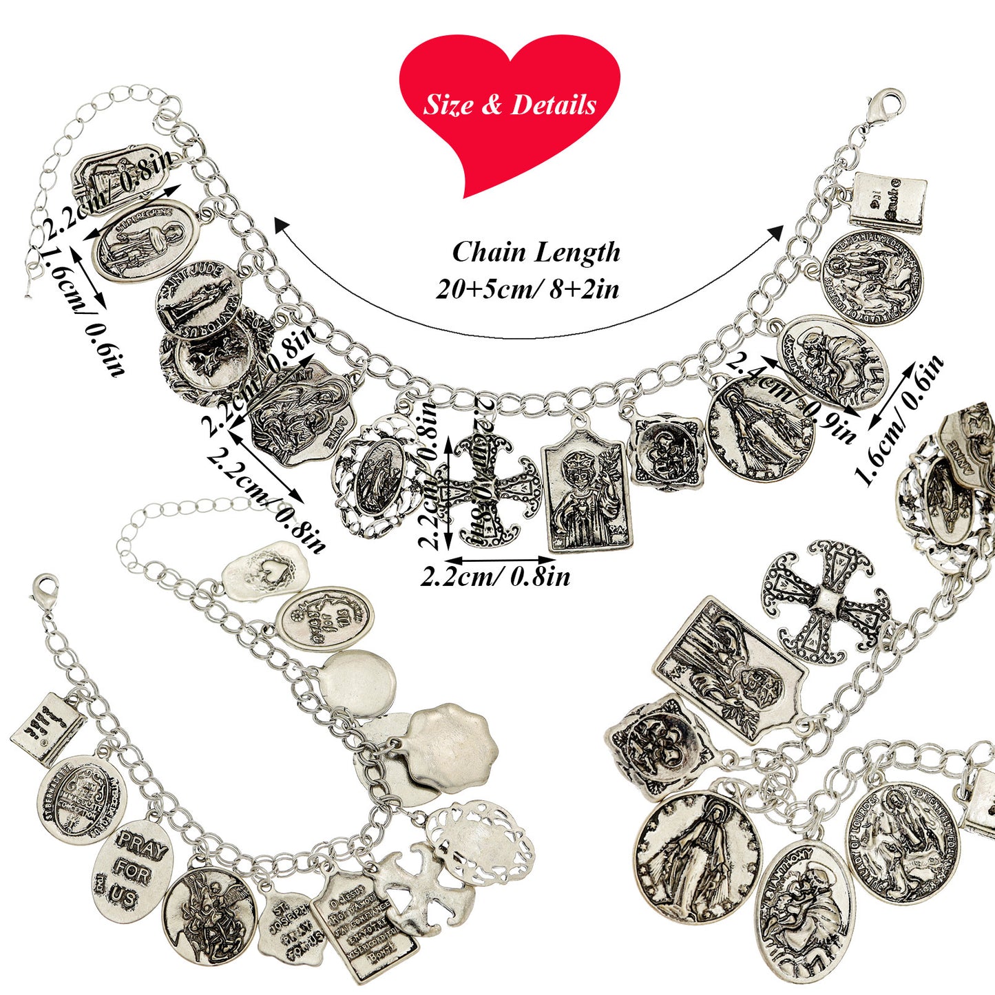 Silver charm bracelet with various charms and measurements on a white background
