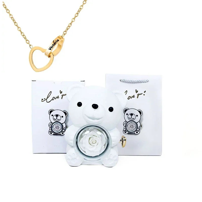 Personalized Heart Necklace & Rose Bear Gift Box Set