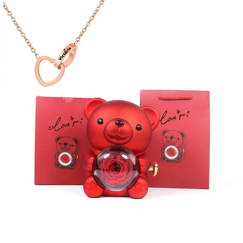Personalized Heart Necklace & Rose Bear Gift Box Set
