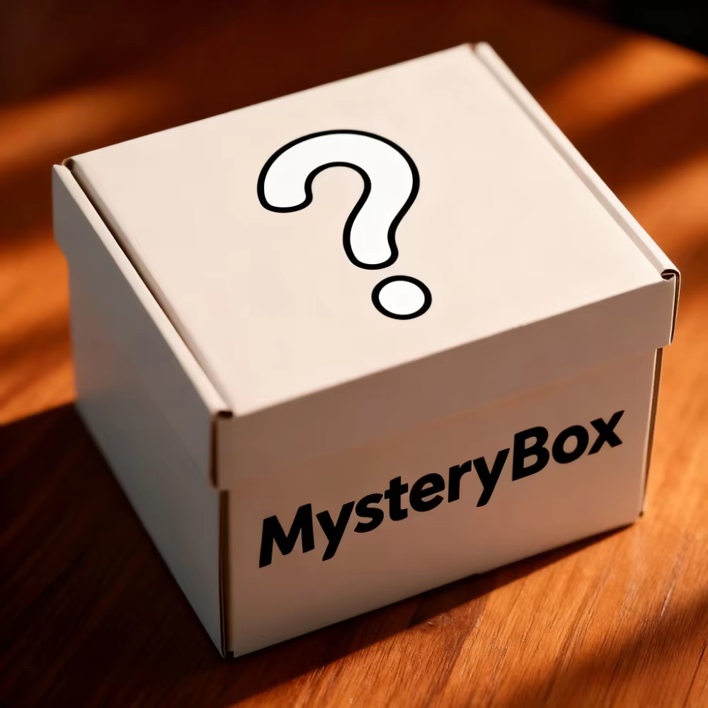 Mystery box with a question mark on a wooden surface