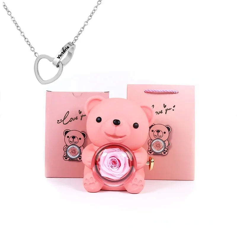 Personalized Heart Necklace & Rose Bear Gift Box Set