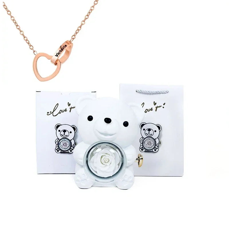 Personalized Heart Necklace & Rose Bear Gift Box Set