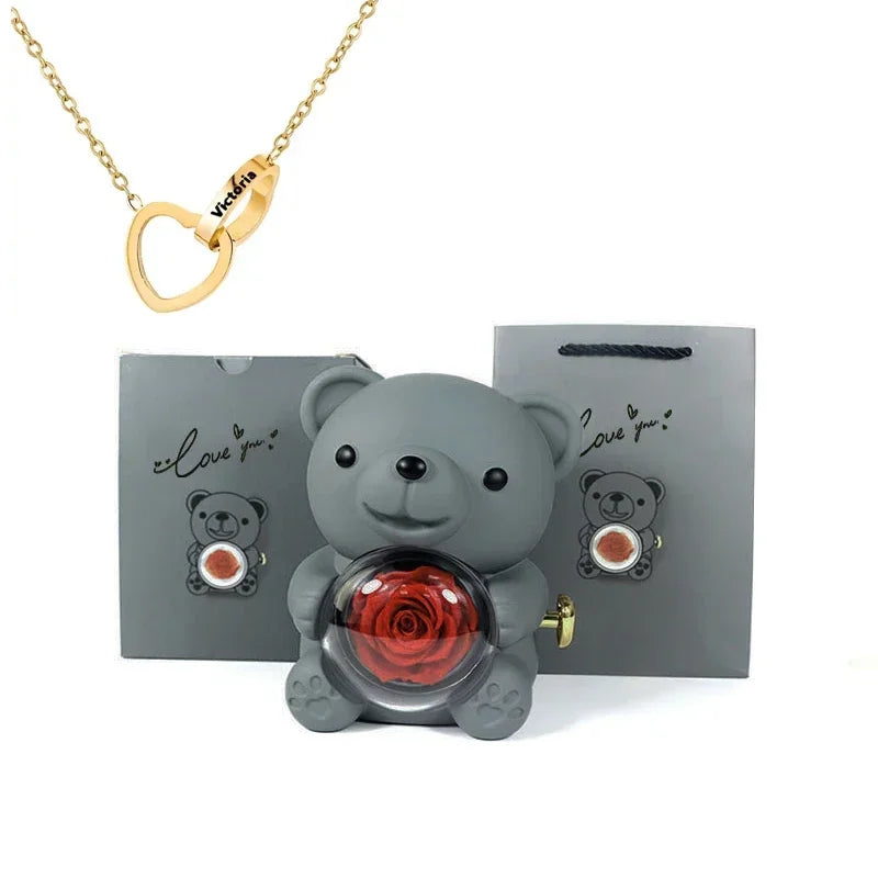 Personalized Heart Necklace & Rose Bear Gift Box Set