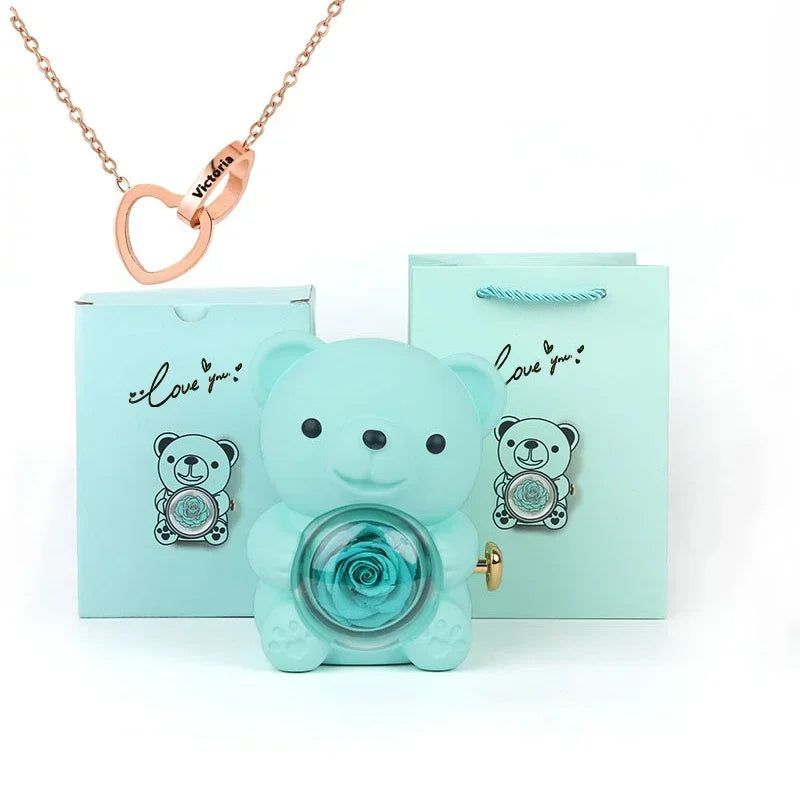 Personalized Heart Necklace & Rose Bear Gift Box Set