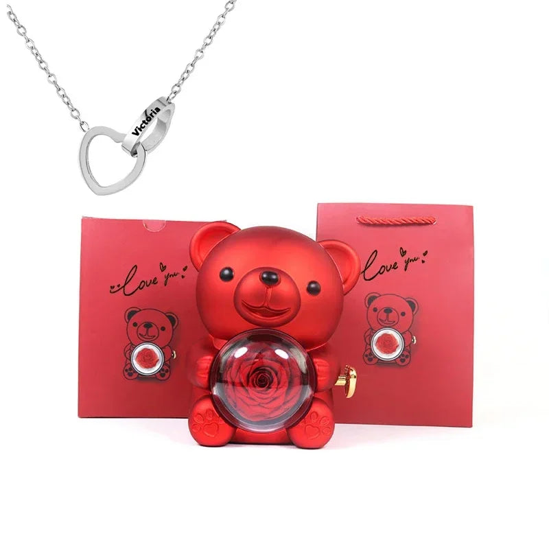 Personalized Heart Necklace & Rose Bear Gift Box Set
