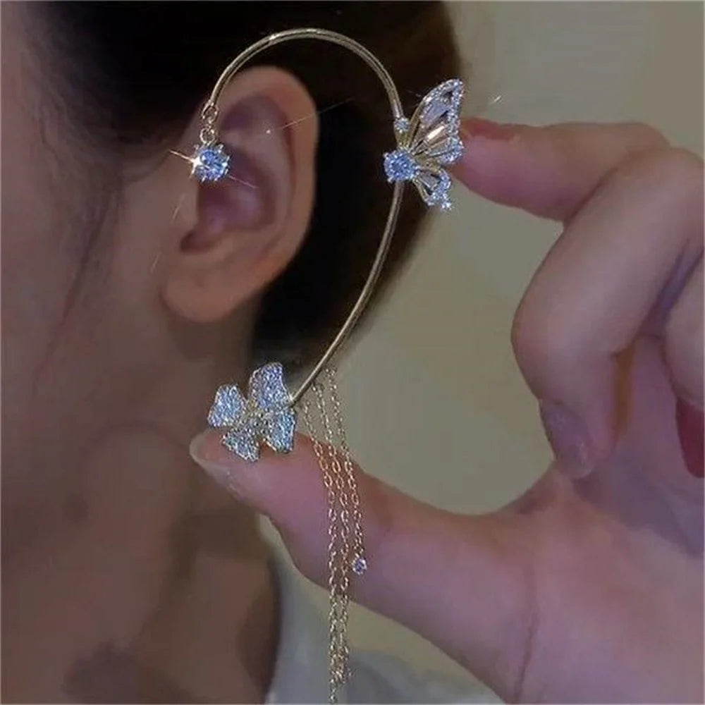 Butterfly Clip-On Tassel Earrings – Cubic Zirconia Drop Earrings