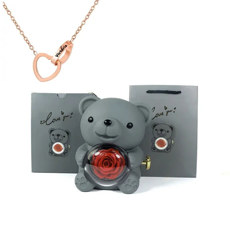 Personalized Heart Necklace & Rose Bear Gift Box Set