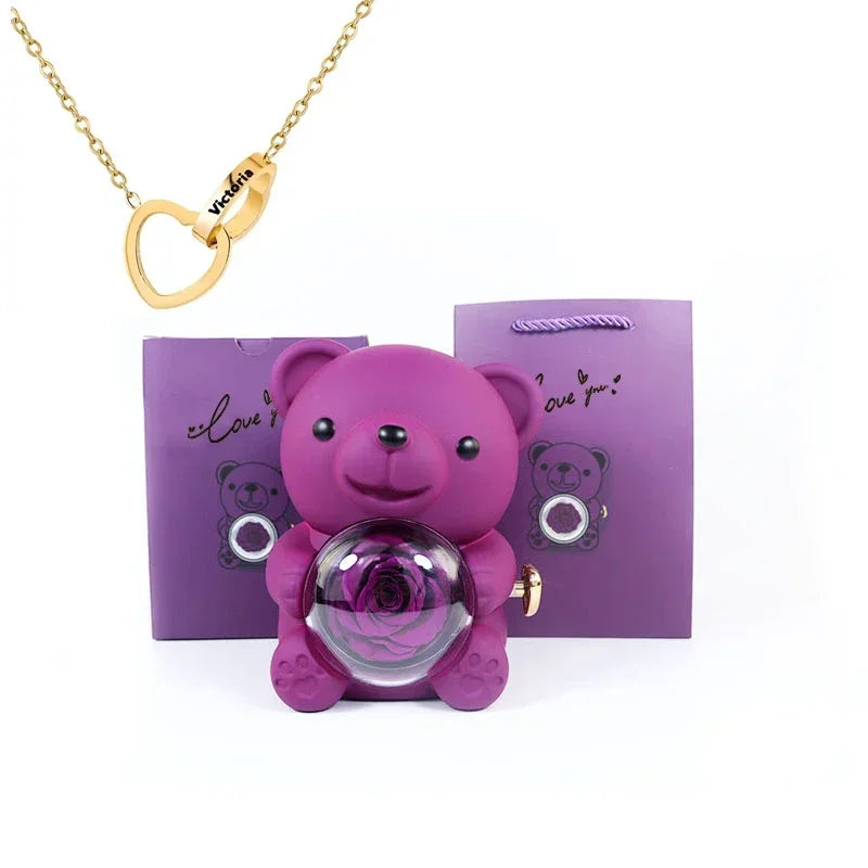 Personalized Heart Necklace & Rose Bear Gift Box Set