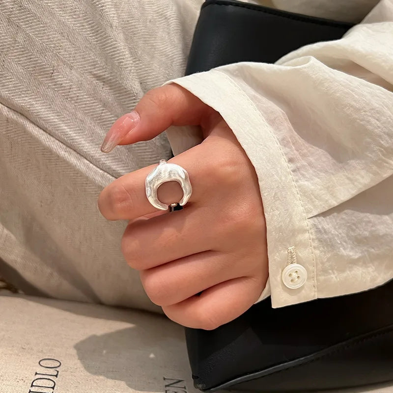 Crescent Moon Adjustable Statement Ring - Silver