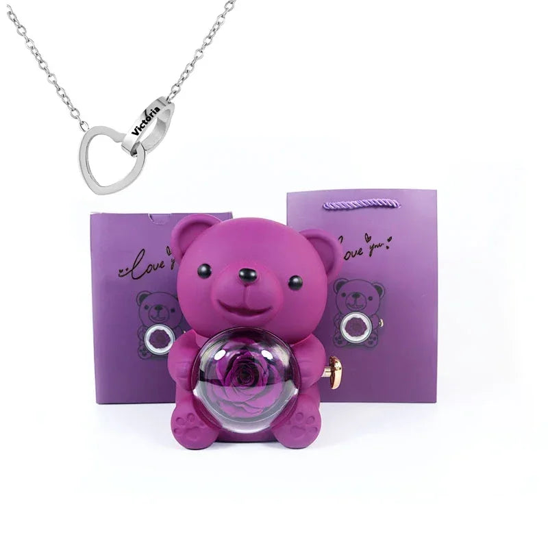 Personalized Heart Necklace & Rose Bear Gift Box Set