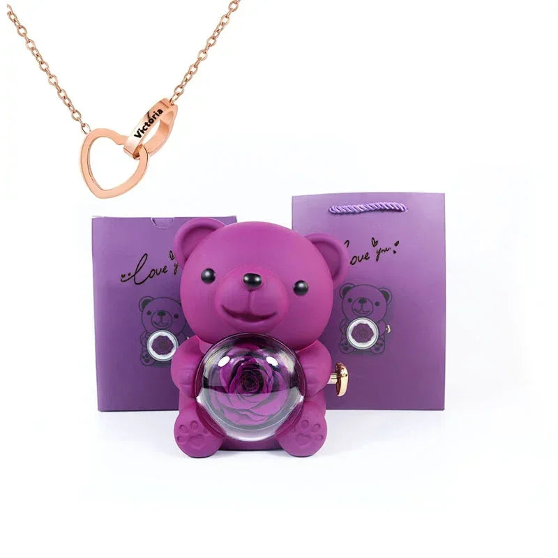 Personalized Heart Necklace & Rose Bear Gift Box Set