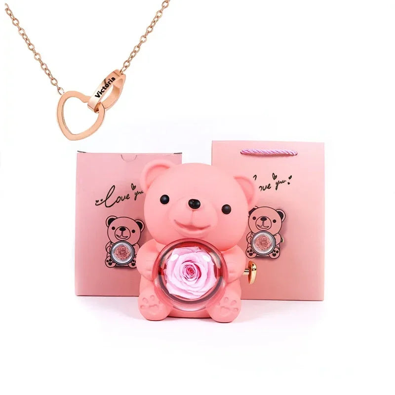 Personalized Heart Necklace & Rose Bear Gift Box Set