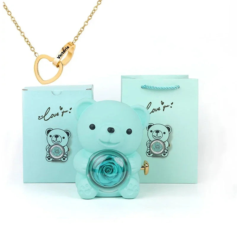 Personalized Heart Necklace & Rose Bear Gift Box Set