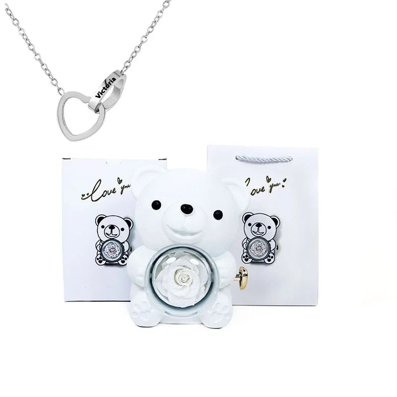 Personalized Heart Necklace & Rose Bear Gift Box Set