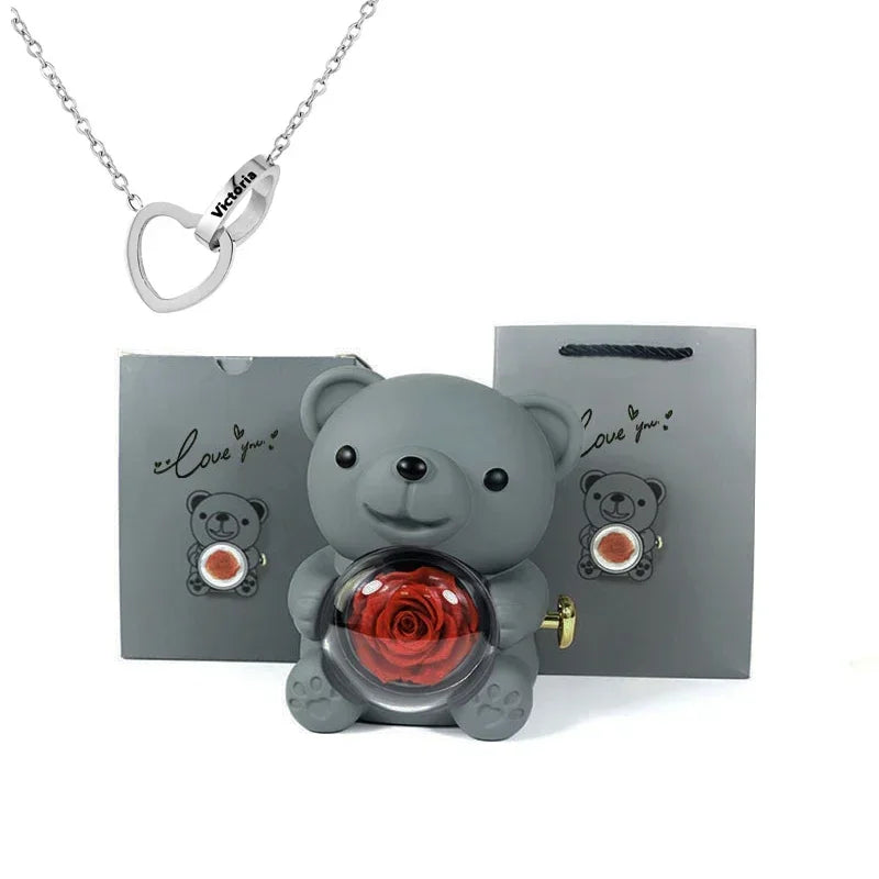 Personalized Heart Necklace & Rose Bear Gift Box Set