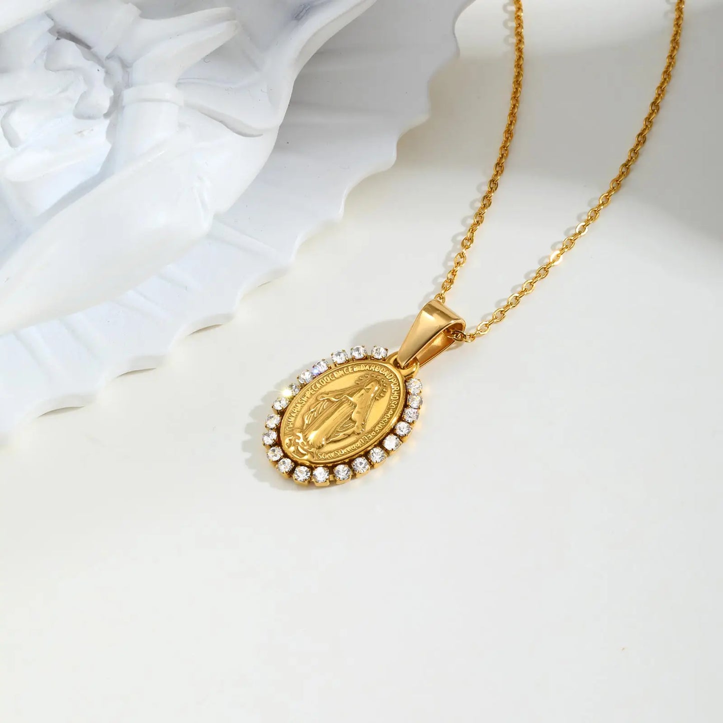 Miraculous Medal Halo Necklace – Gold Plated Virgin Mary Pendant with Zircon Accents