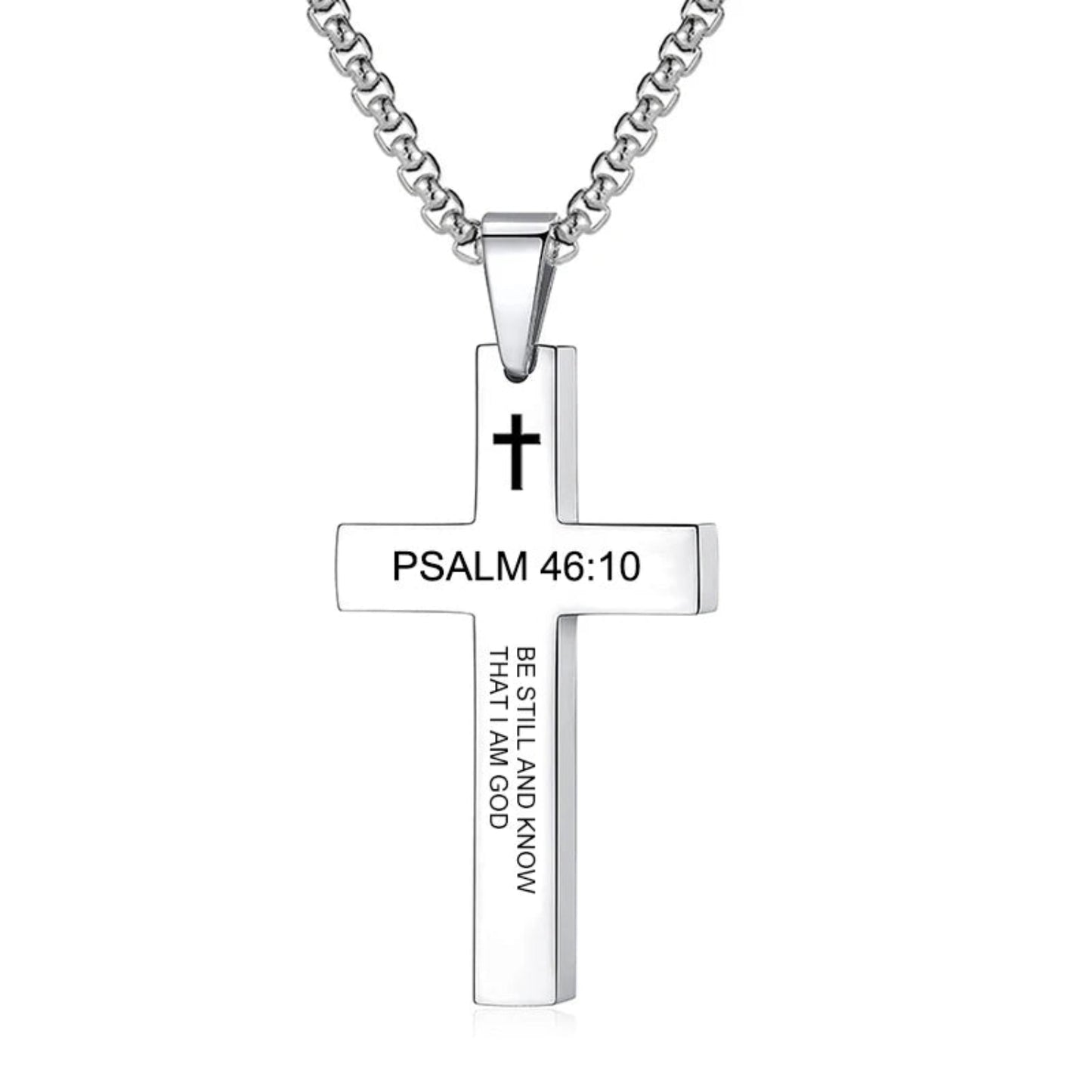 Silver cross necklace with engraved text on a white background