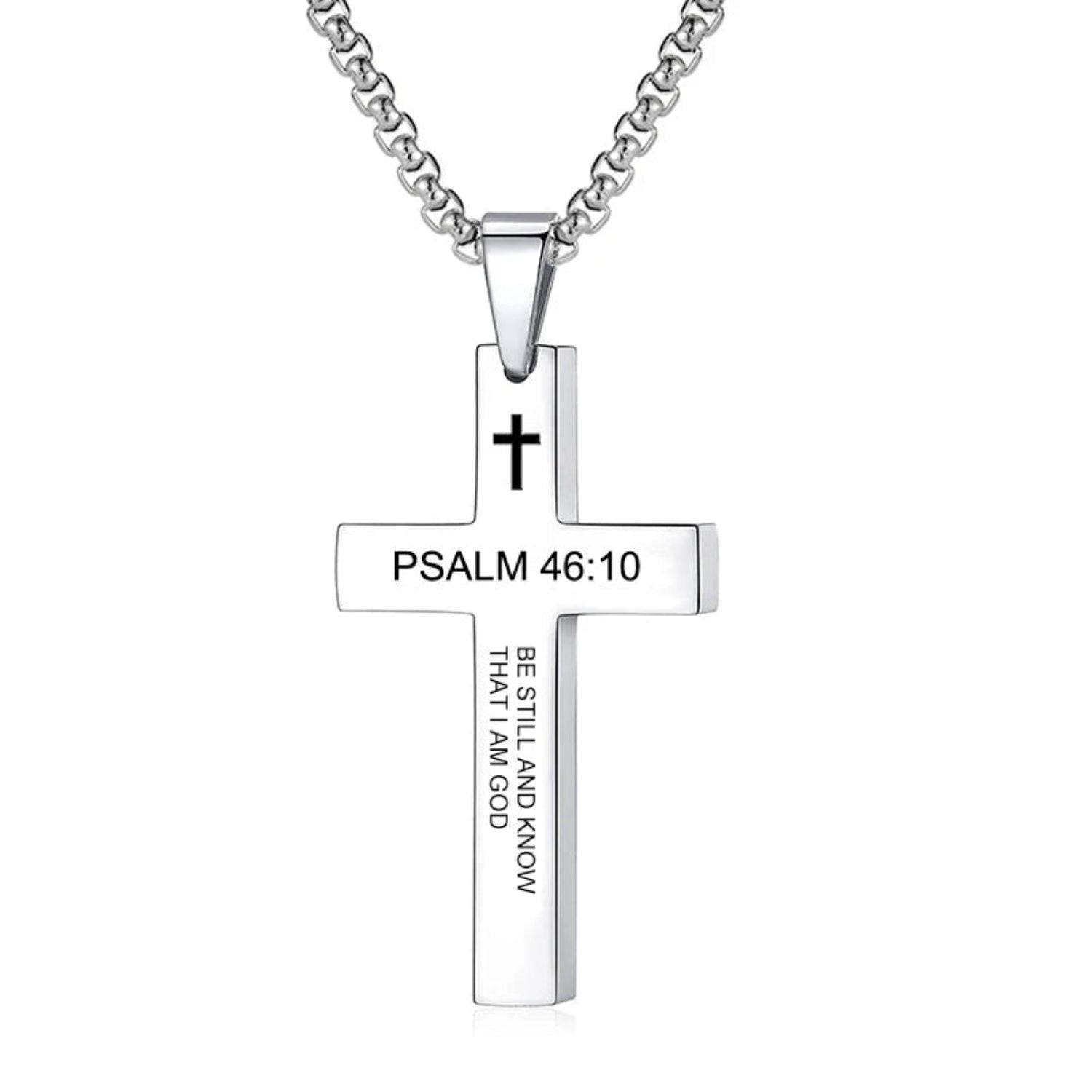 Silver cross necklace with engraved text on a white background