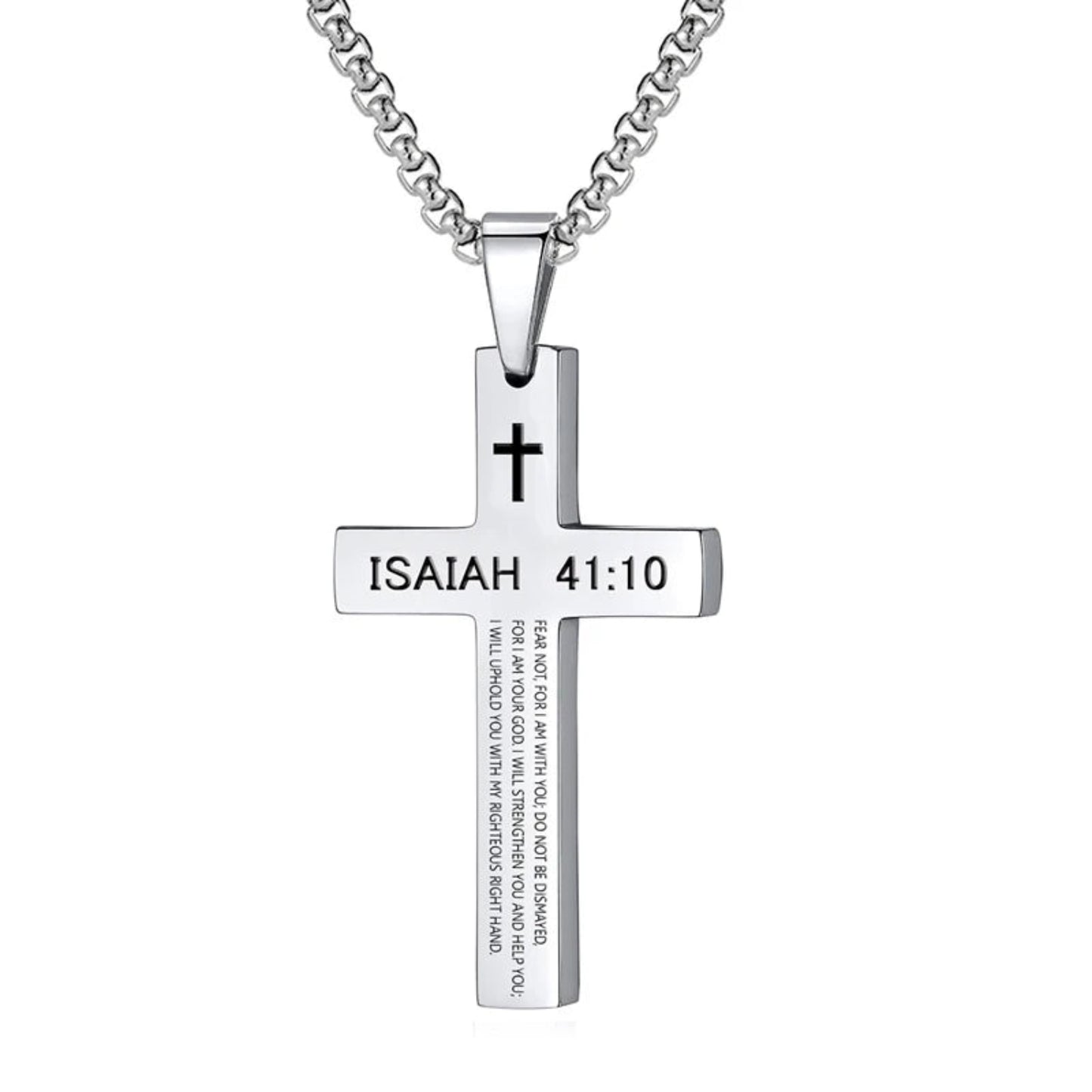 Silver cross necklace with 'Isaiah 41:10' engraving on a white background