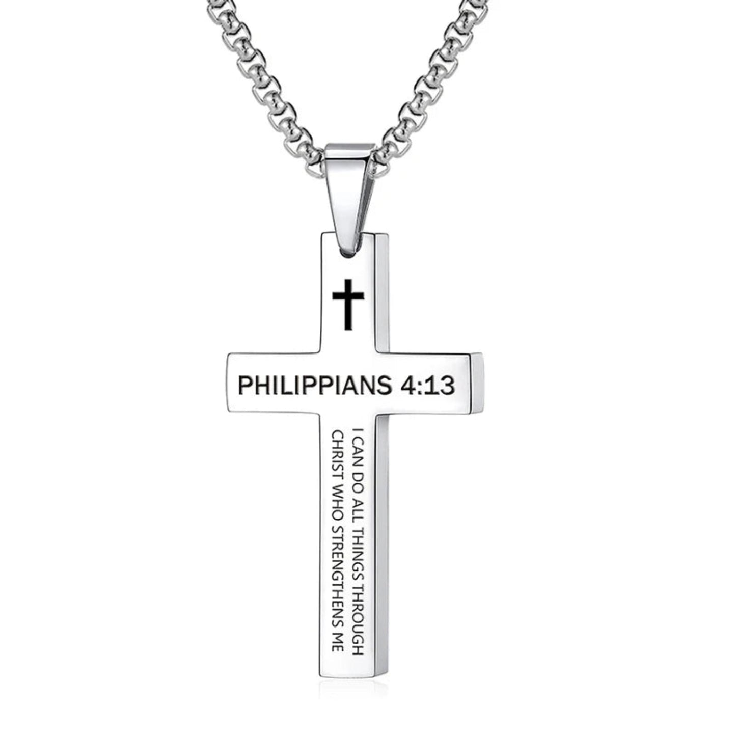 Silver cross necklace with 'Philippians 4:13' engraving on a white background
