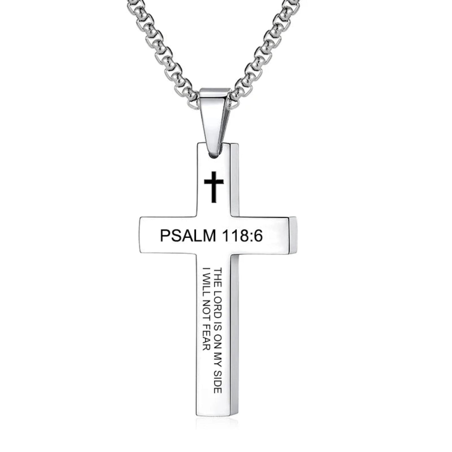 Silver cross necklace with engraved text on a white background