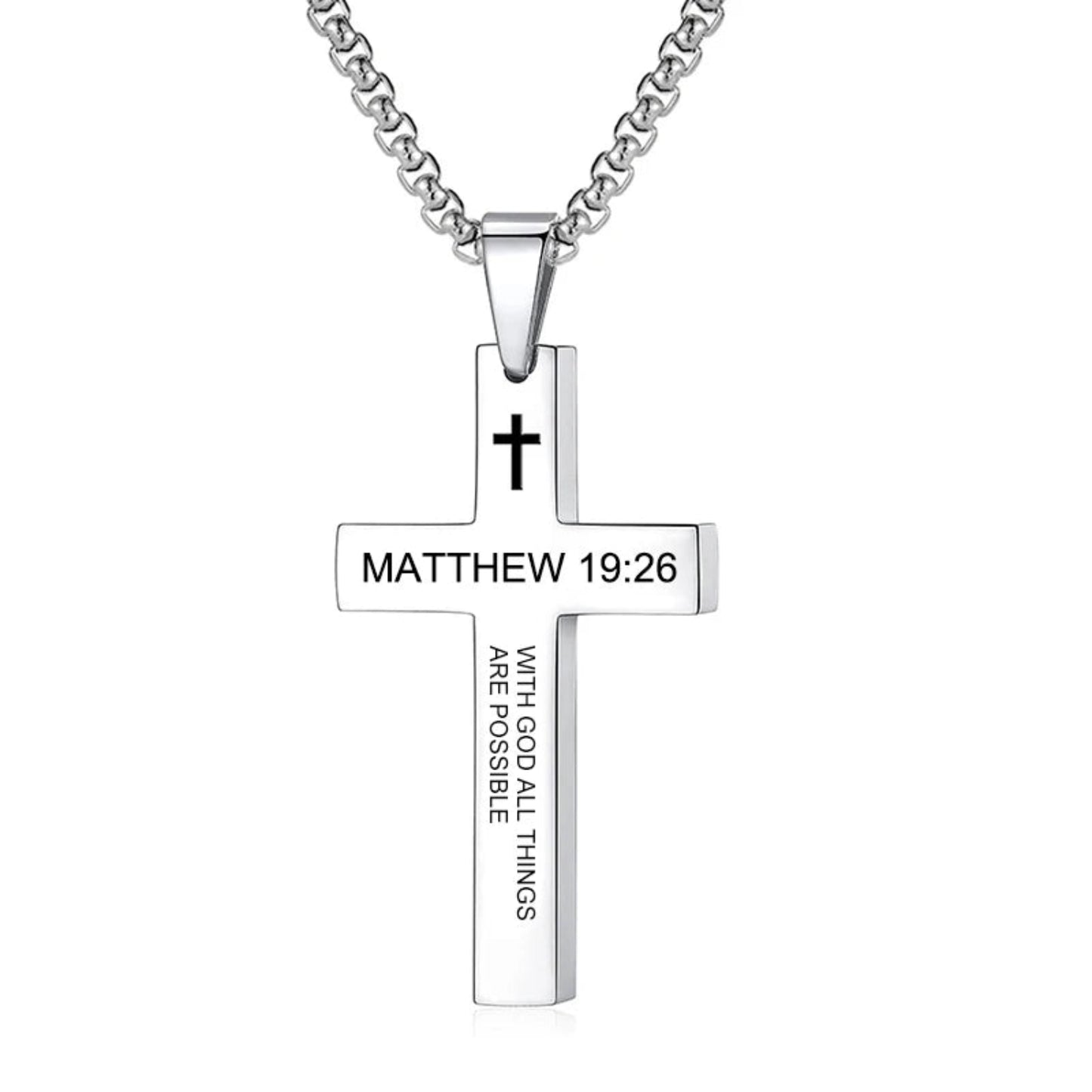 Silver cross necklace with engraved text on a white background