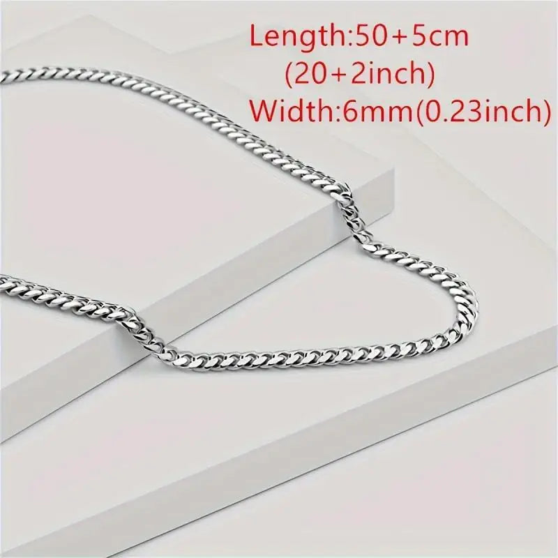 Silver chain necklace with measurement text on a white background