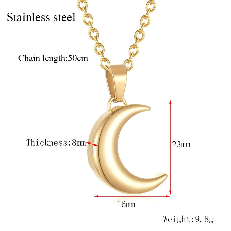Gold crescent moon necklace with measurements on a white background