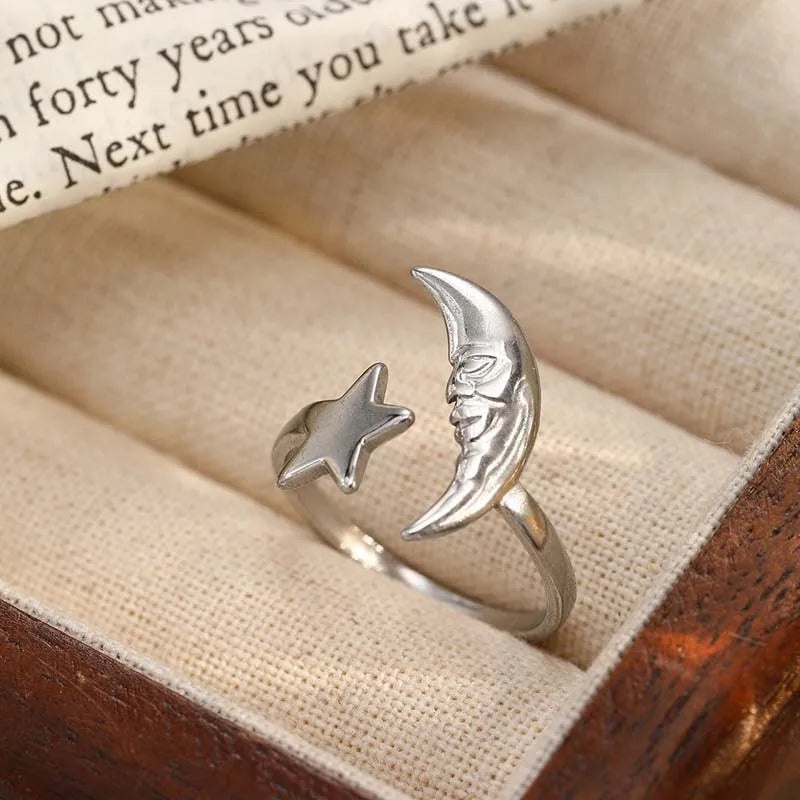 celestial moon and star adjustable ring in silver. 