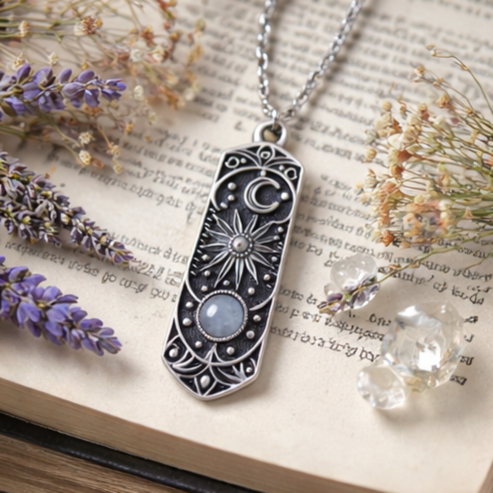 Decorative pendant necklace on an open book with lavender and flowers