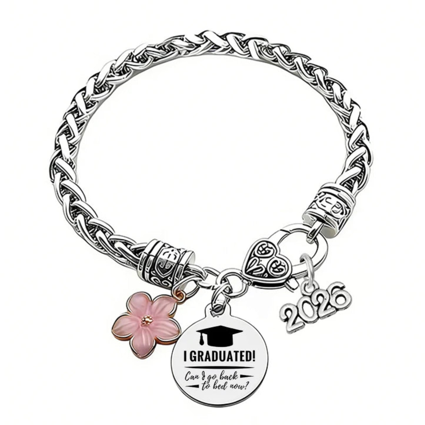 Silver bracelet with graduation-themed charms on a white background