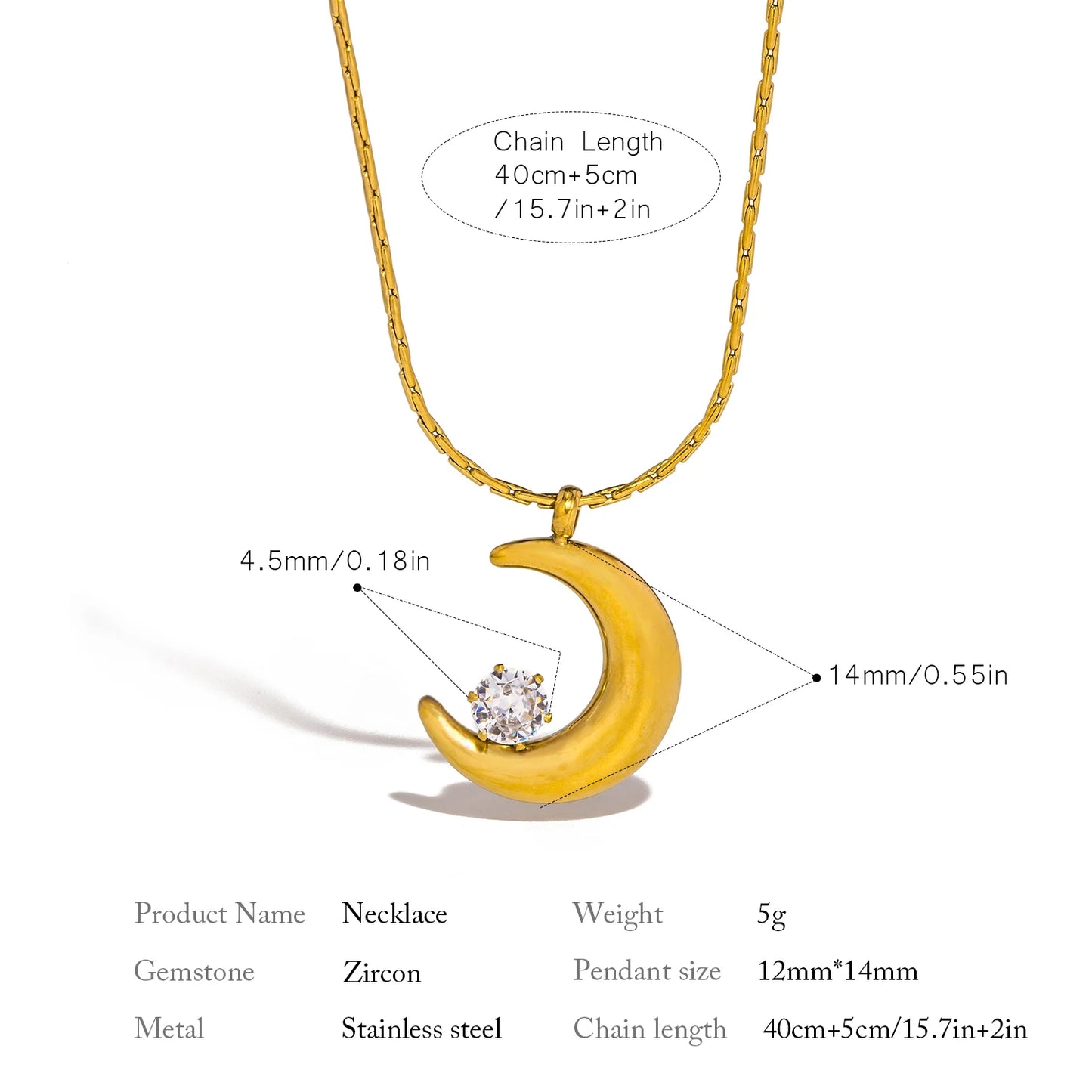 Gold necklace with a crescent moon pendant on a white background
