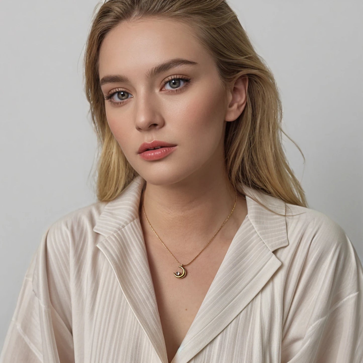 Woman wearing a beige jacket and gold necklace against a plain background