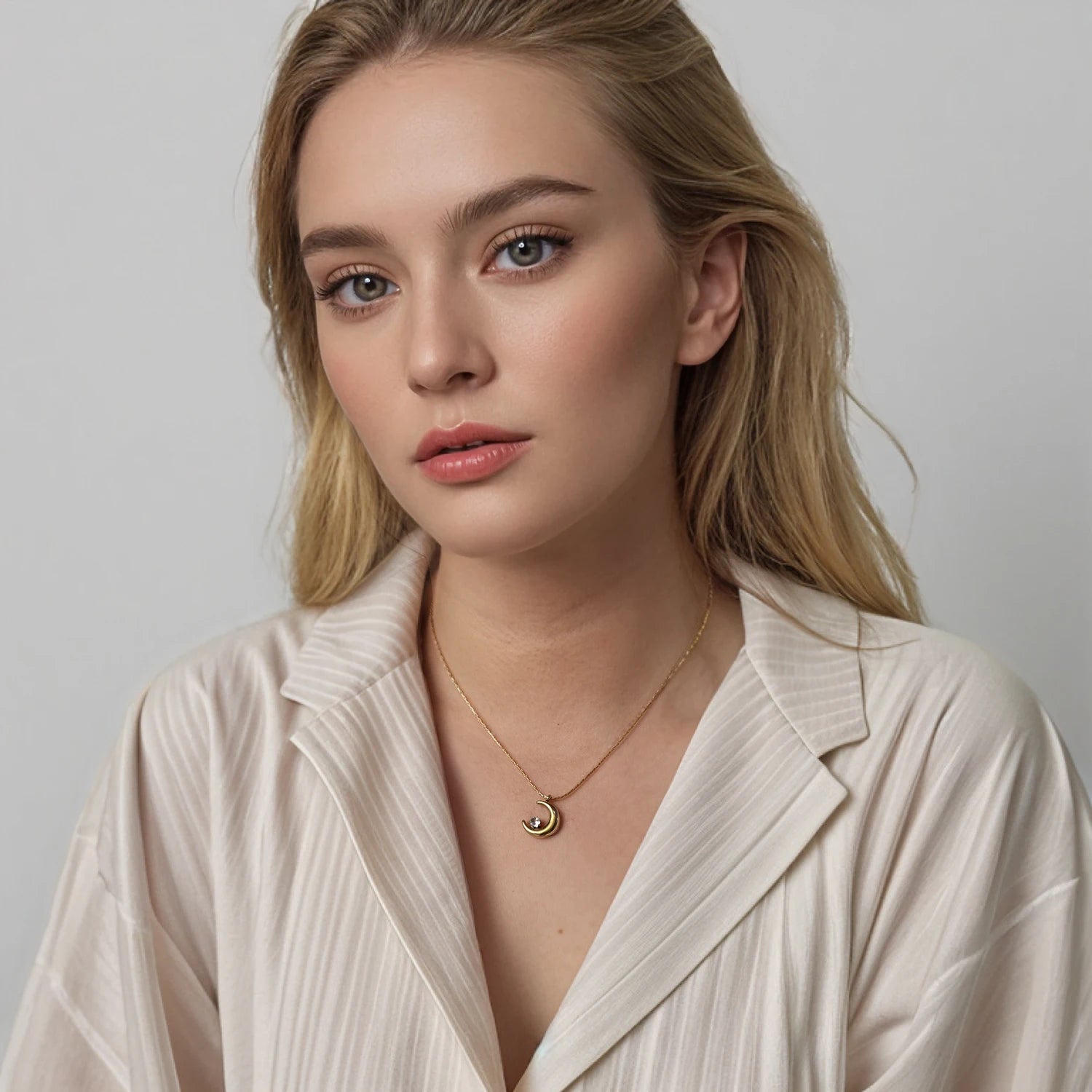 Woman wearing a beige jacket and gold necklace against a plain background