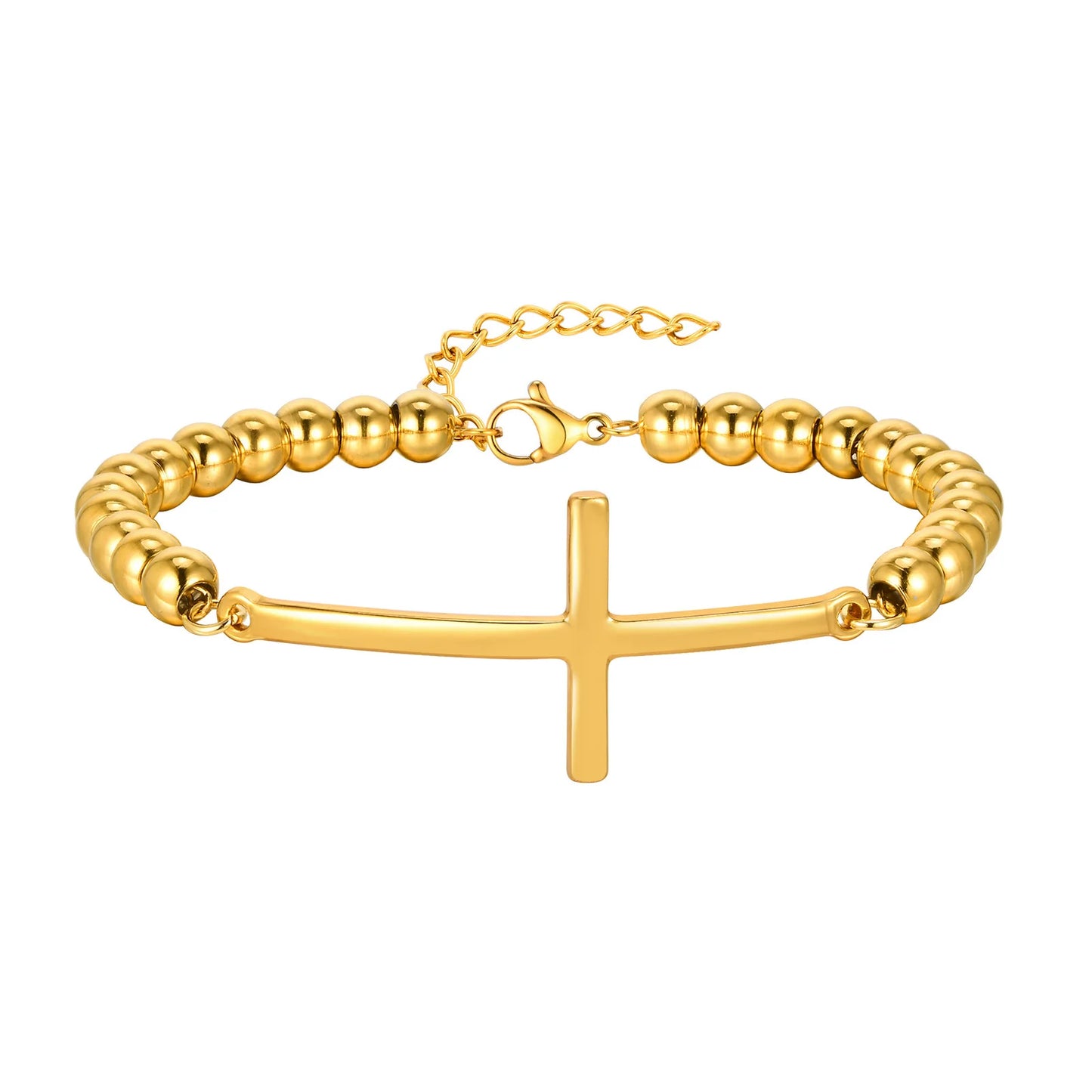 Gold bracelet with a cross charm on a white background