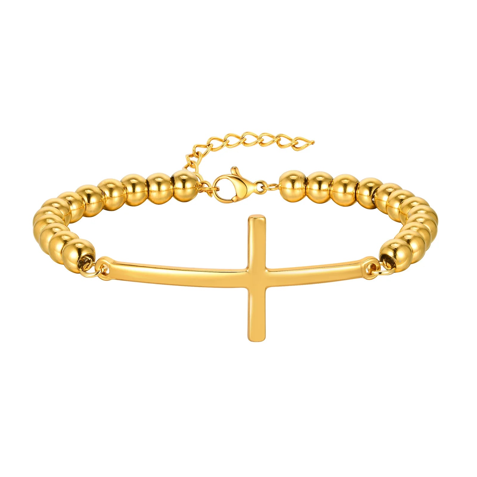 Gold bracelet with a cross charm on a white background