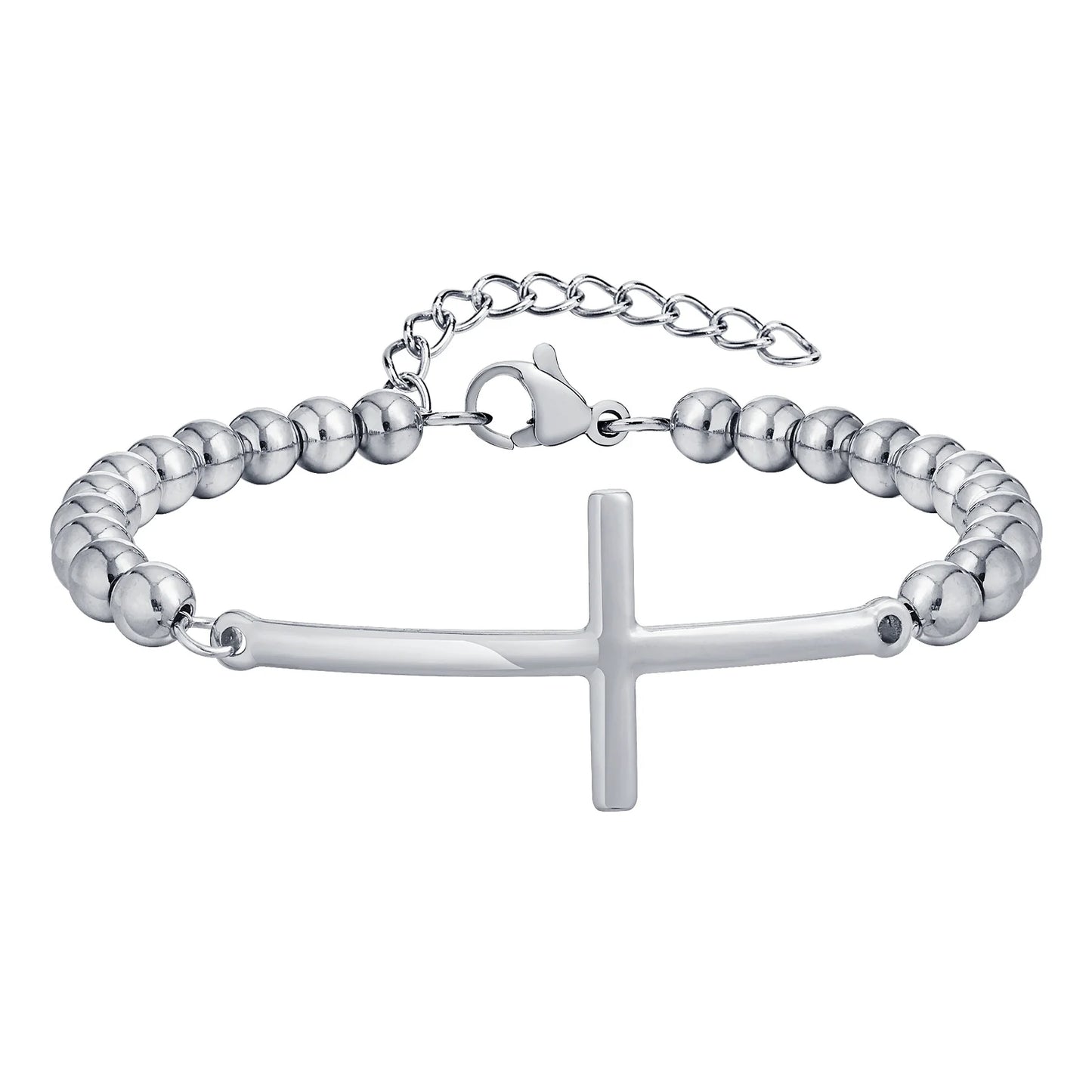 Silver beaded bracelet with a cross charm on a white background